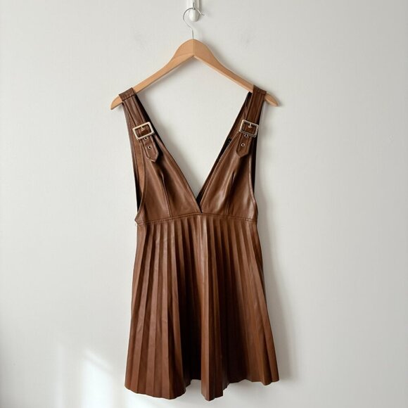 Zara Accordion Pleated Faux Leather Mini Dress Brown Size XS Blogger Fav - Picture 5 of 8